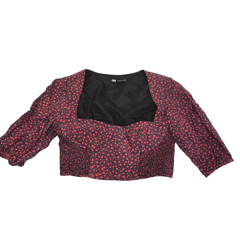 Zara Floral Crop Top XS Sweetheart Smocked Puff Sleeve Ditsy Romantic Red Black
